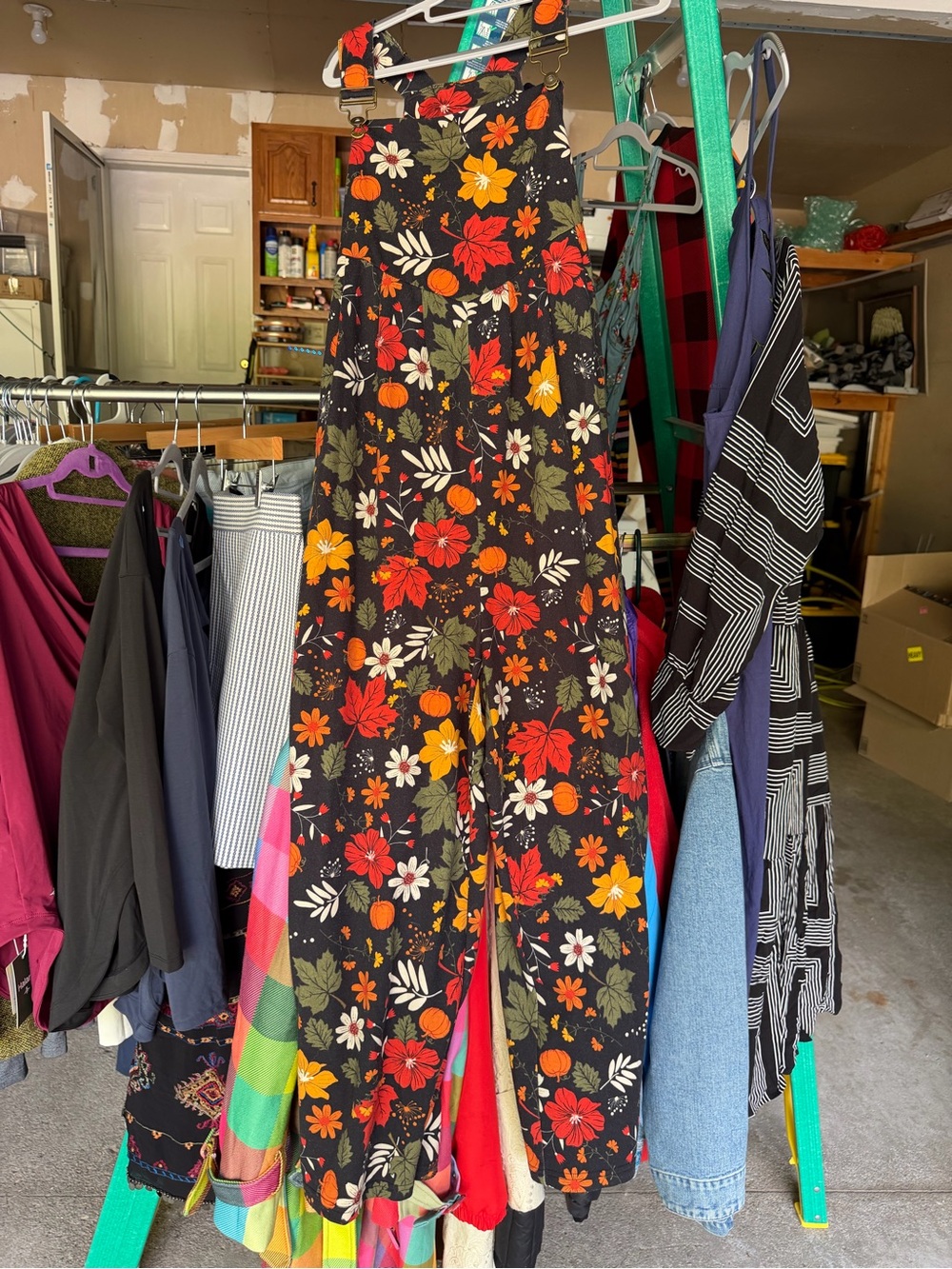 Soft, Floral Wide-Leg Jumpsuit - Black with Red & Orange Flowers